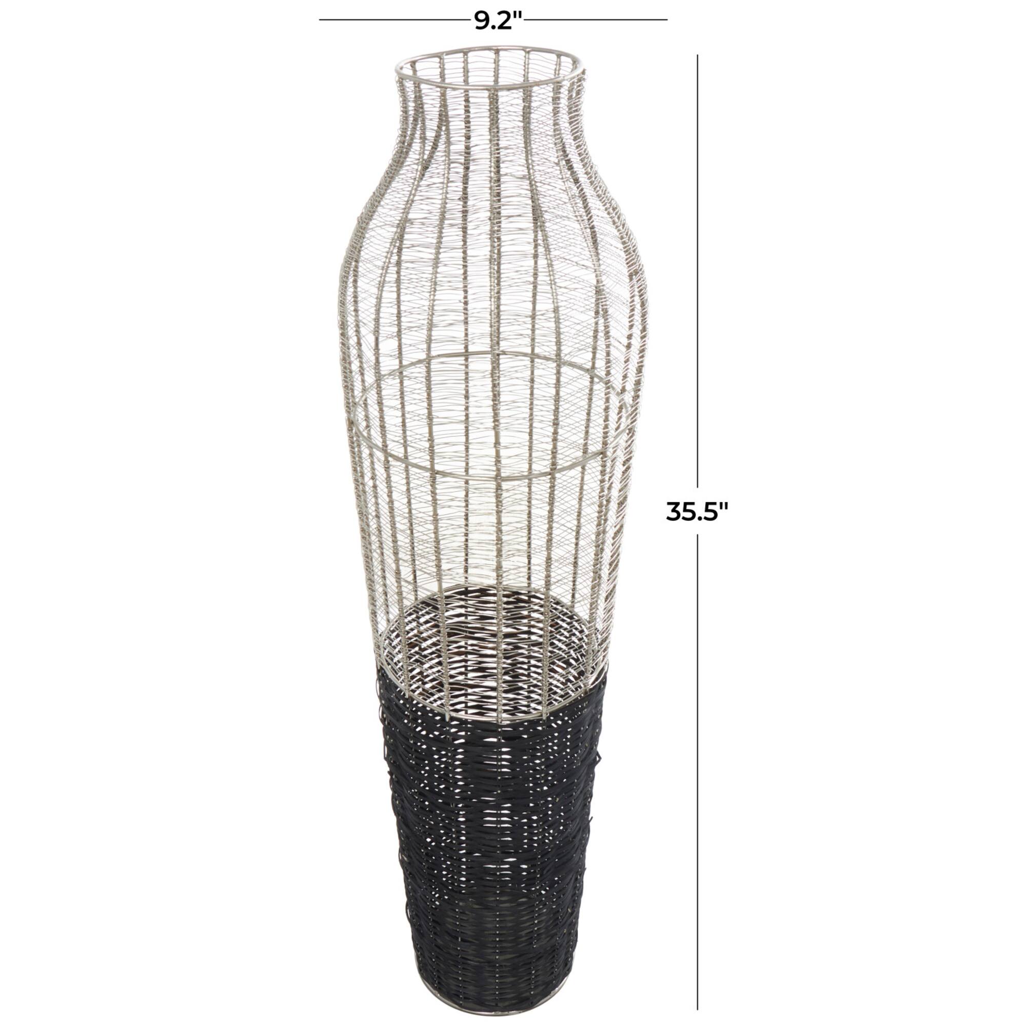36" Silver Metal Vase with Woven Black Rattan Base